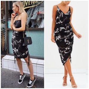 Shona Joy Shadows Ruched Slip Midi Floral Sleeveless Dress Black Casual Cocktail